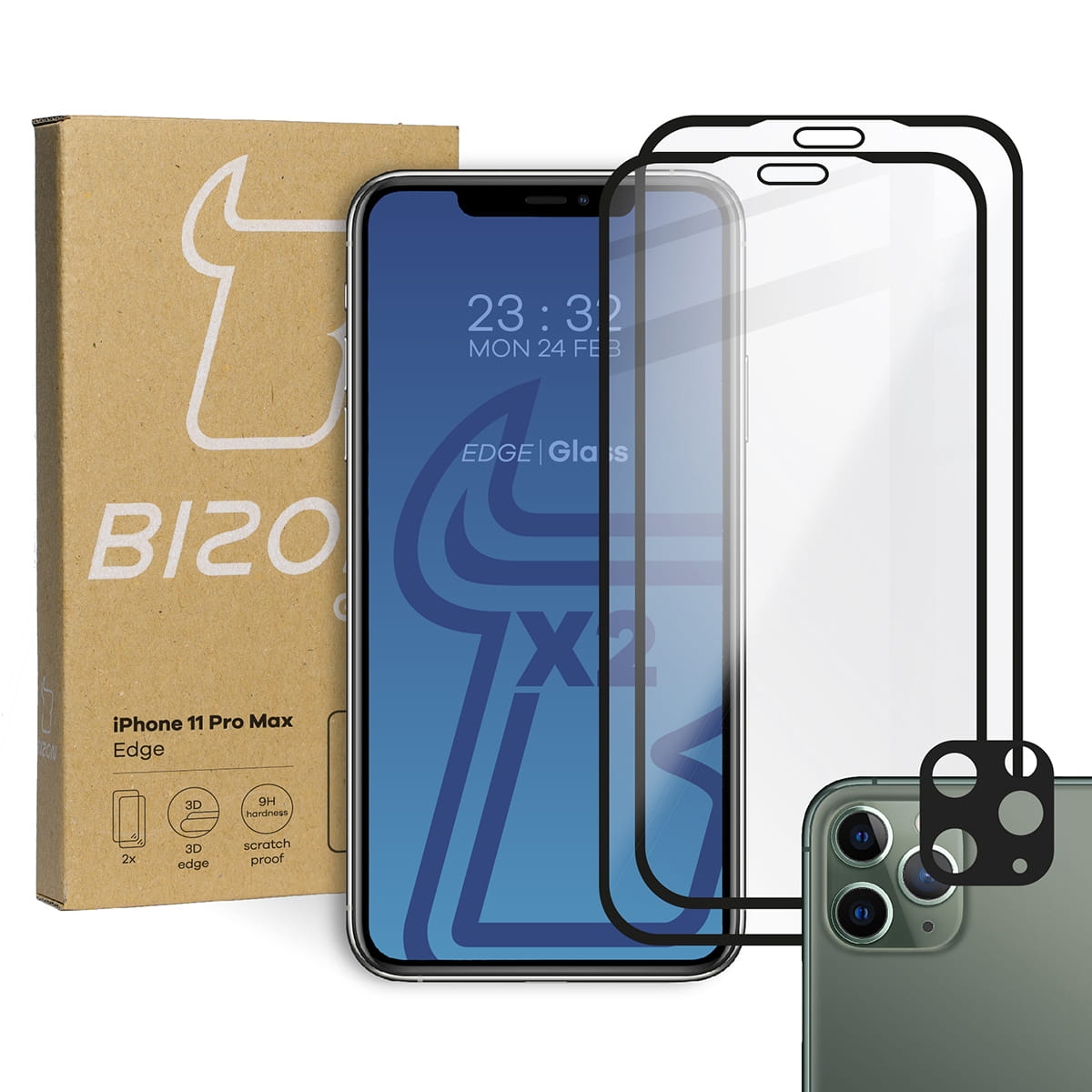 Image of 2x Szkło + szybka na aparat Bizon Edge Pack, iPhone 11 Pro Max, czarne