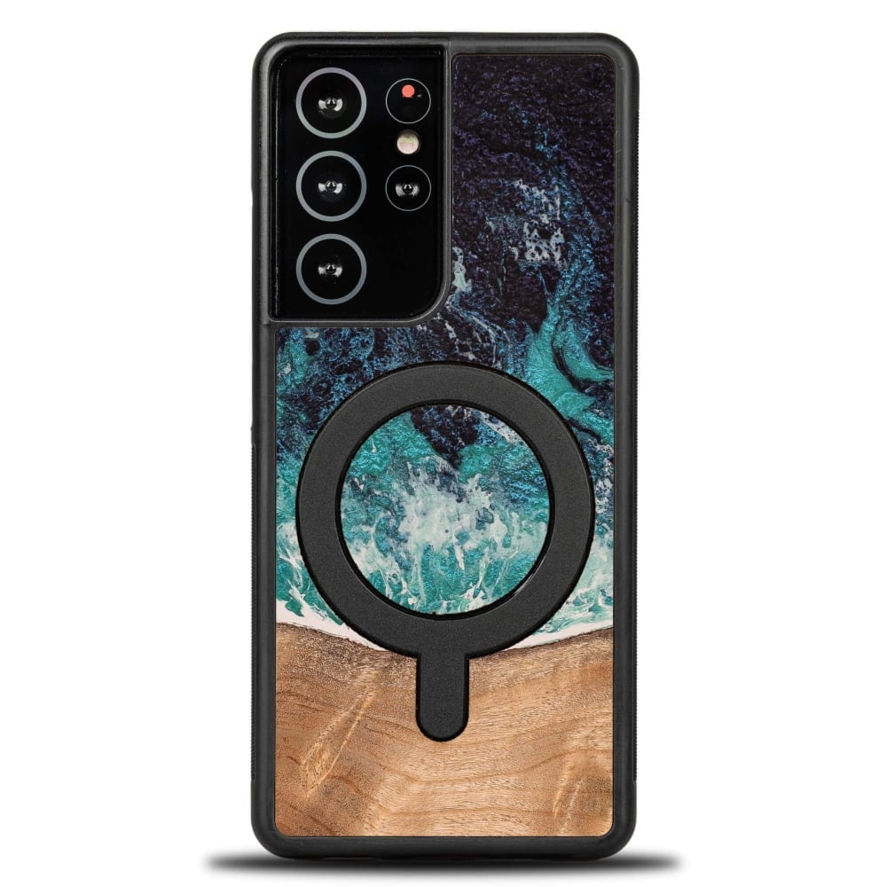 Drewniane etui do Galaxy S21 Ultra, Bewood Unique Dream Island do MagSafe, niebiesko-brązowe