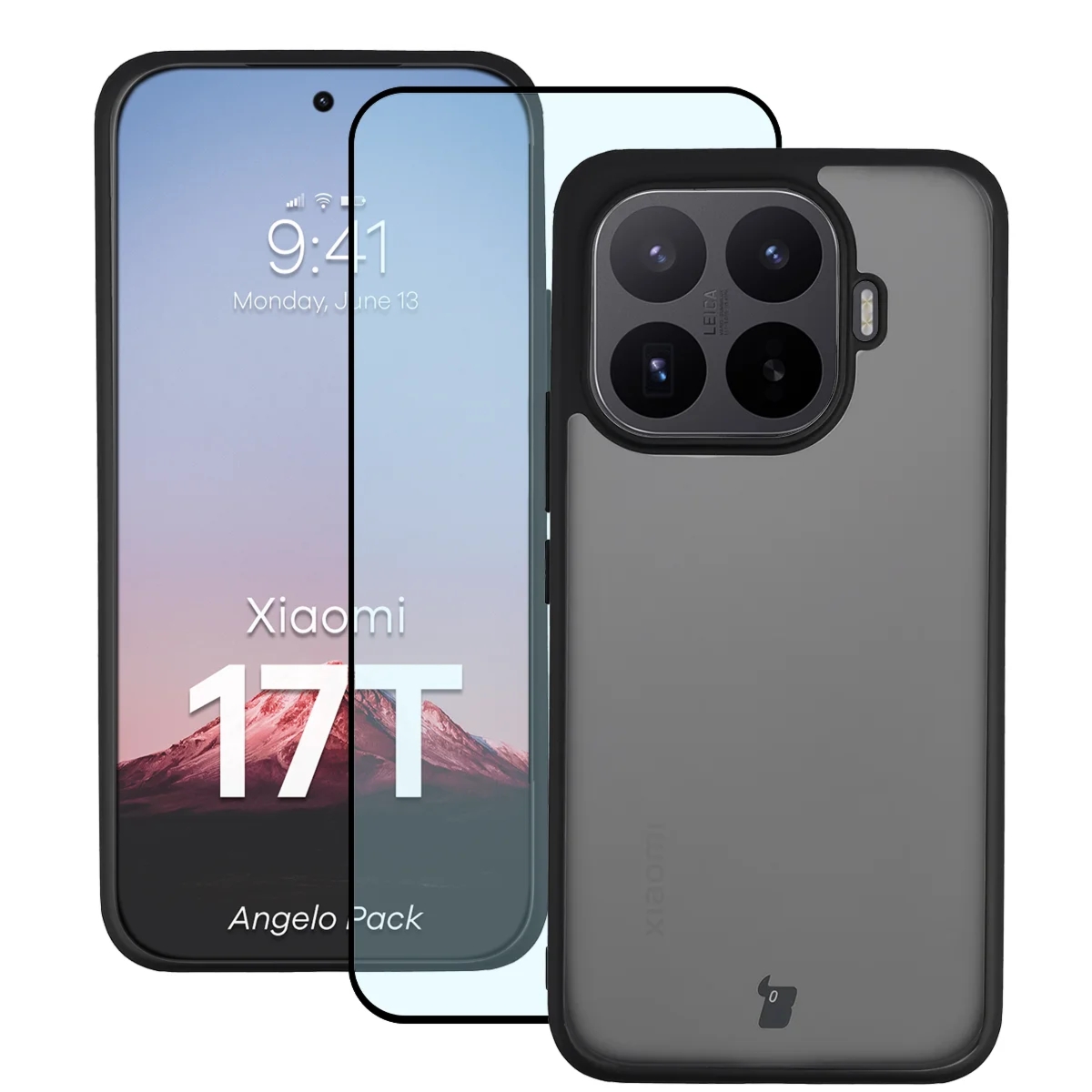 Etui + szkło hartowane Bizon Angelo Pack do Xiaomi 17T, przydymione z czarną ramką