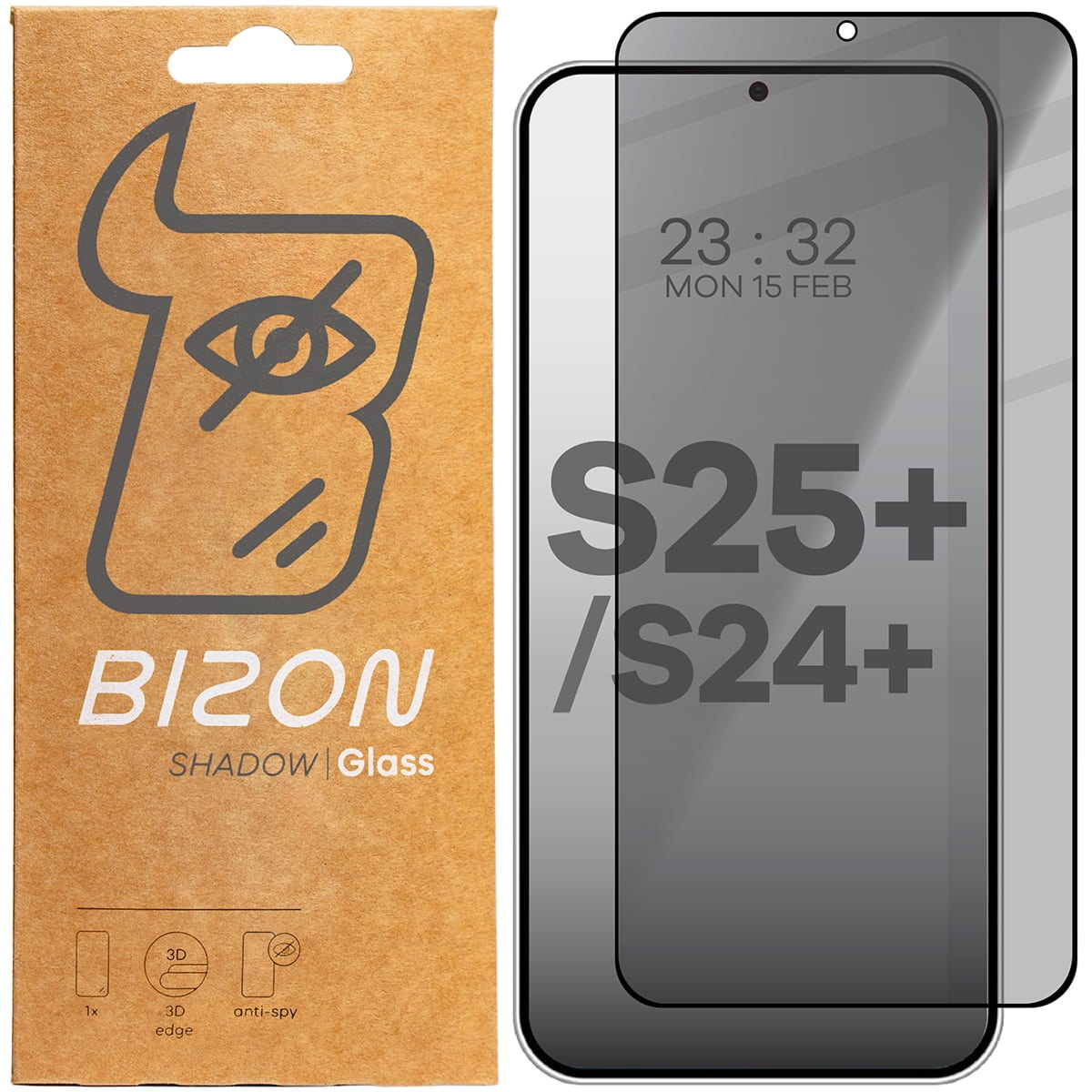 Prywatyzujące szkło hartowane Bizon Glass Edge Shadow do Galaxy S25 Plus / S24 Plus, przyciemniane z czarną ramką