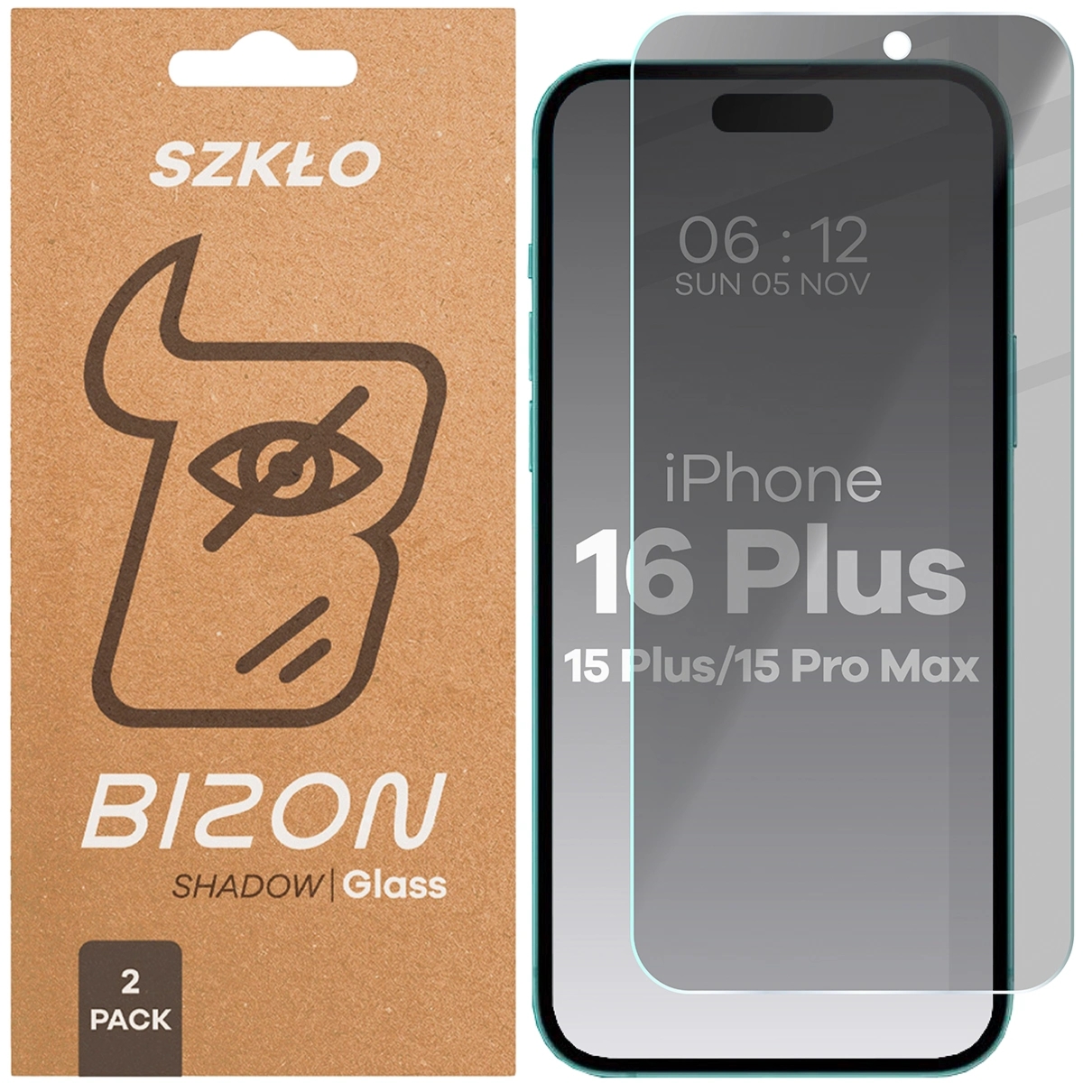 Prywatyzujące szkło hartowane Bizon Glass Clear Shadow Duo do iPhone 15 Plus / 15 Pro Max / 16 Plus, przyciemniane, 2 sztuki