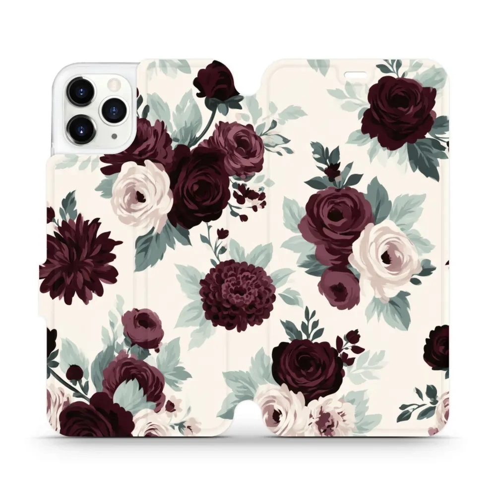 Etui z klapką do iPhone 11 Pro Max, Mobiwear Book, róże z szałwią na kremie
