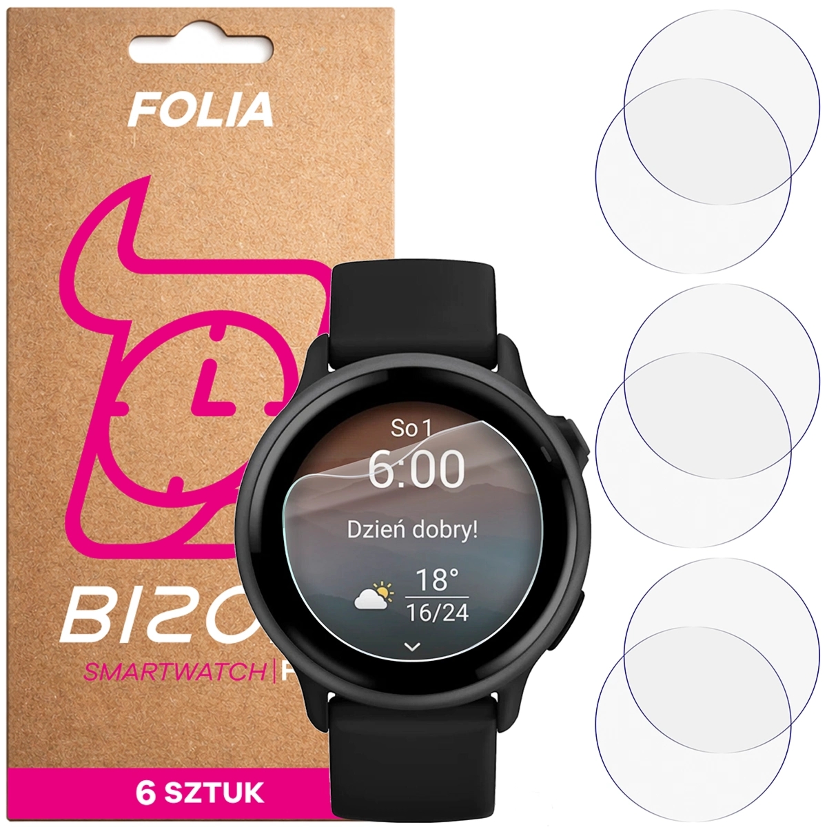 Folia ochronna na ekran zegarka Bizon Watch Film HydroFlex do Garmin Vivoactive 6, 6 sztuk