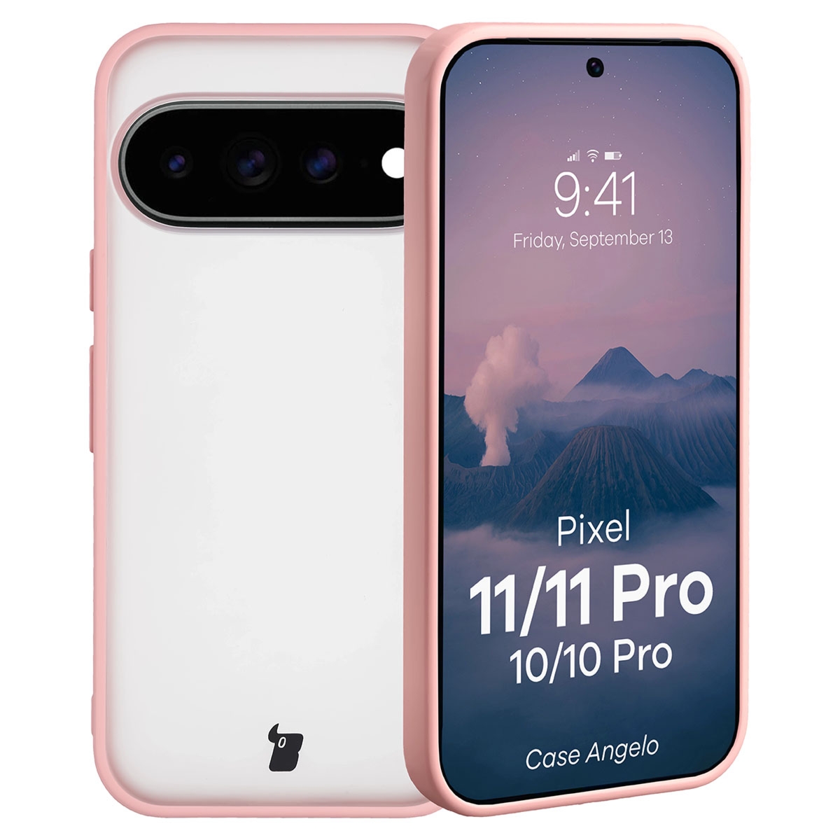 Etui Bizon Case Angelo do Google Pixel 11 / 11 Pro / 10 / 10 Pro, półprzezroczyste z jasnoróżową ramką