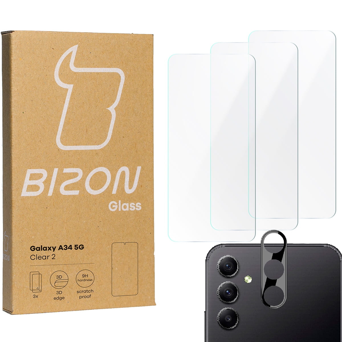 Image of 3x Szkło hartowane + szybka na aparat Bizon Glass Clear 2 Pack do Galaxy A34 5G
