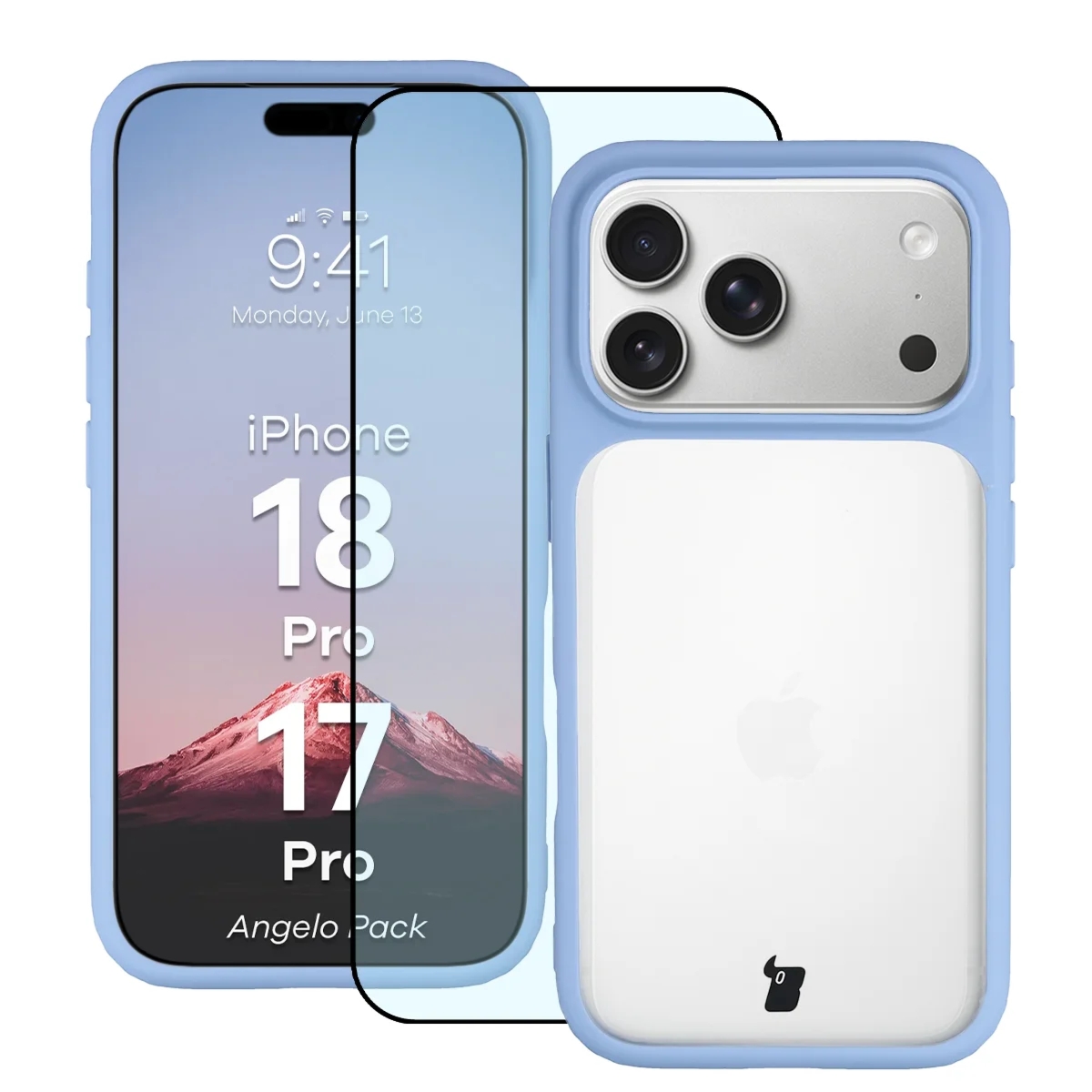 Etui + szkło hartowane Bizon Angelo Pack do iPhone 18 Pro / 17 Pro, półprzezroczyste z jasnoniebieską ramką