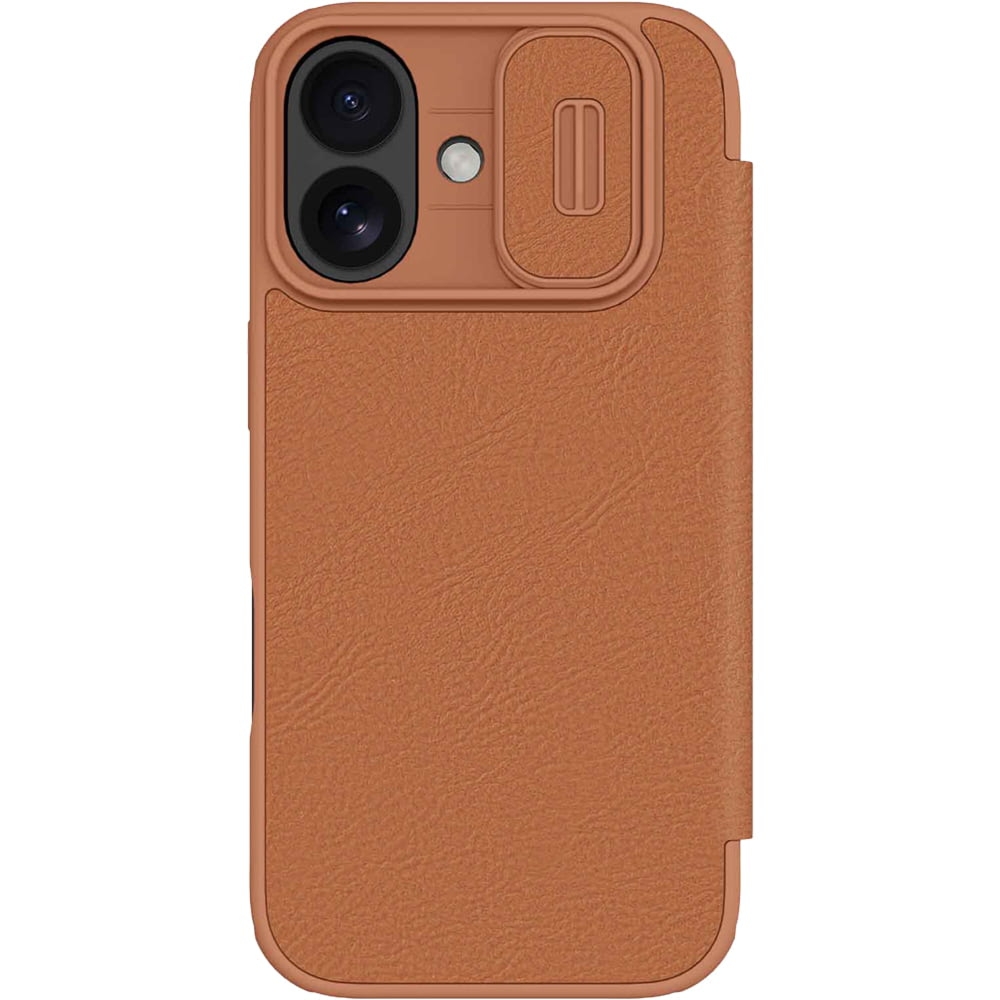Etui z klapką i ochroną aparatu Nillkin Qin Pro do iPhone 17, brązowe