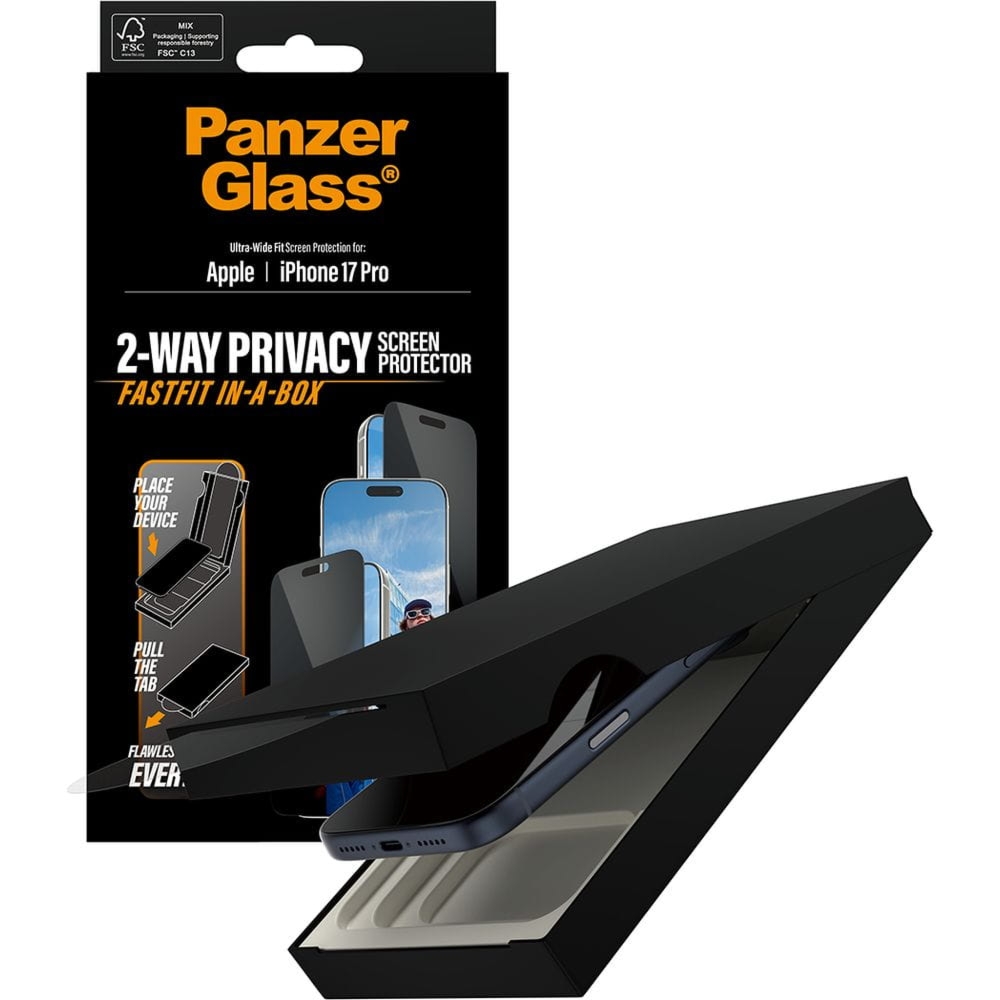 Szkło prywatyzujące z aplikatorem PanzerGlass 2-way Privacy Ultra-Wide Fit Fastfit do iPhone 17 Pro