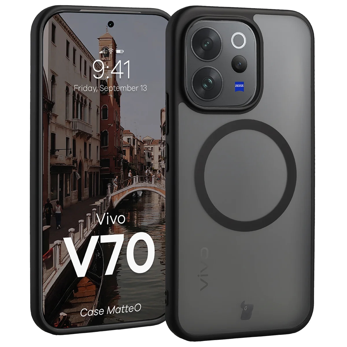 Etui z pierścieniem magnetycznym Bizon Case MatteO do Vivo V70 5G, przydymione-czarne