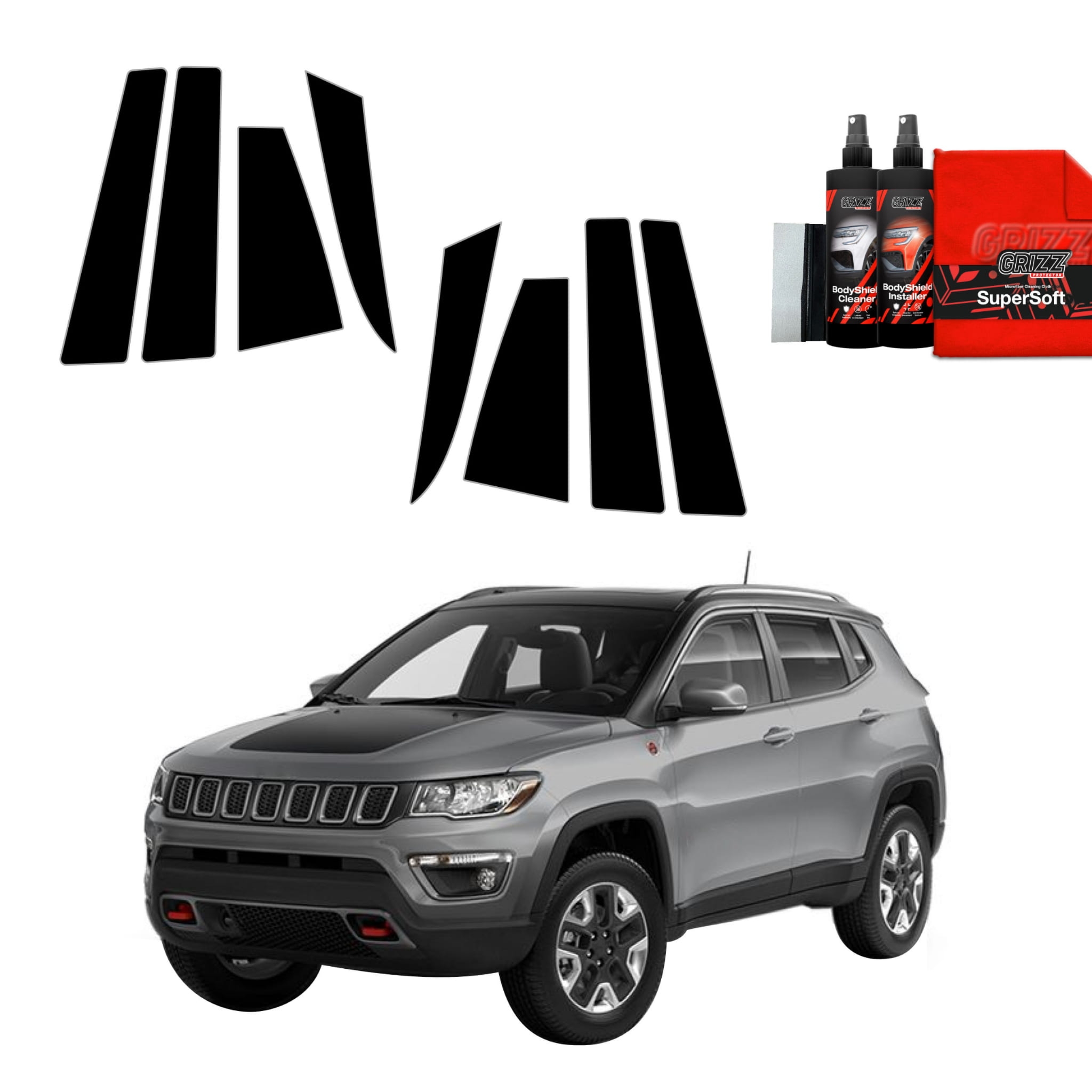 8w1 Czarna folia Grizz Protector na słupki do Jeep Compass (2020-2024)