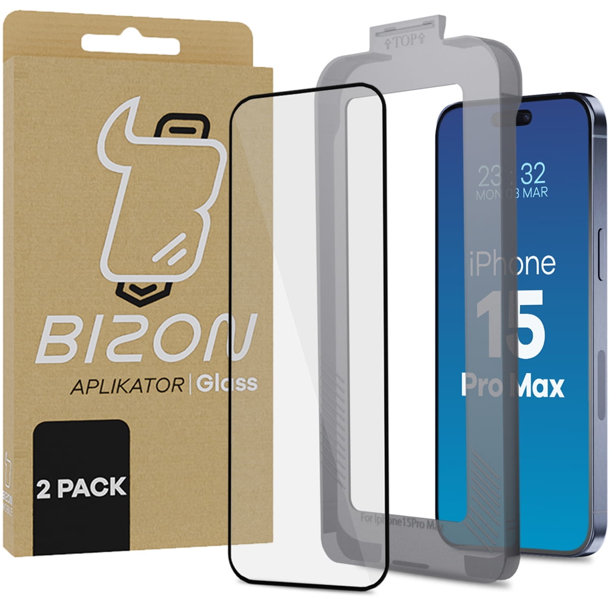 Image of Szkło hartowane z ramką do łatwej aplikacji Bizon Glass Aplikator do iPhone 15 Pro Max, 2 sztuki