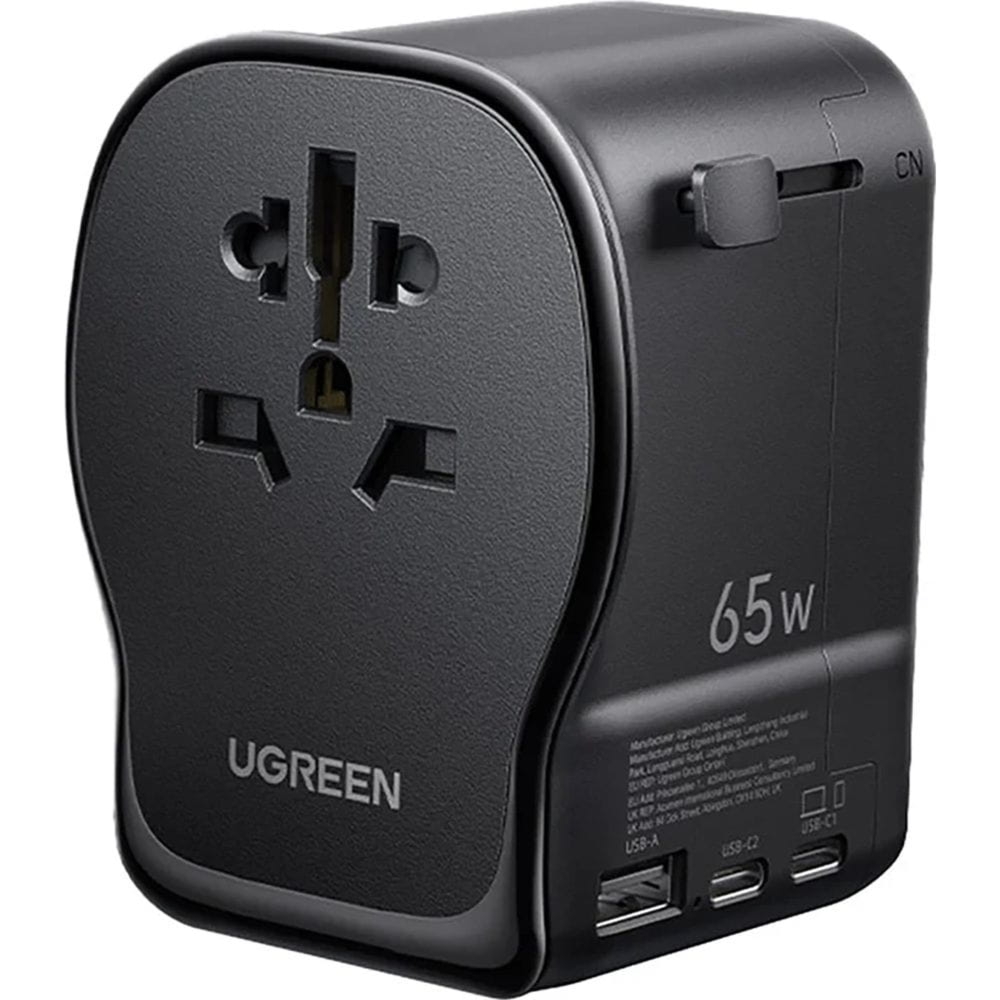 Adapter podróżny / ładowarka sieciowa Ugreen S550 GaN 65W dla CN, US, JP, EU, UK, AU, 2x USB-C i 1x USB-A, PD 3.0, QC 4.0, PPS, czarny