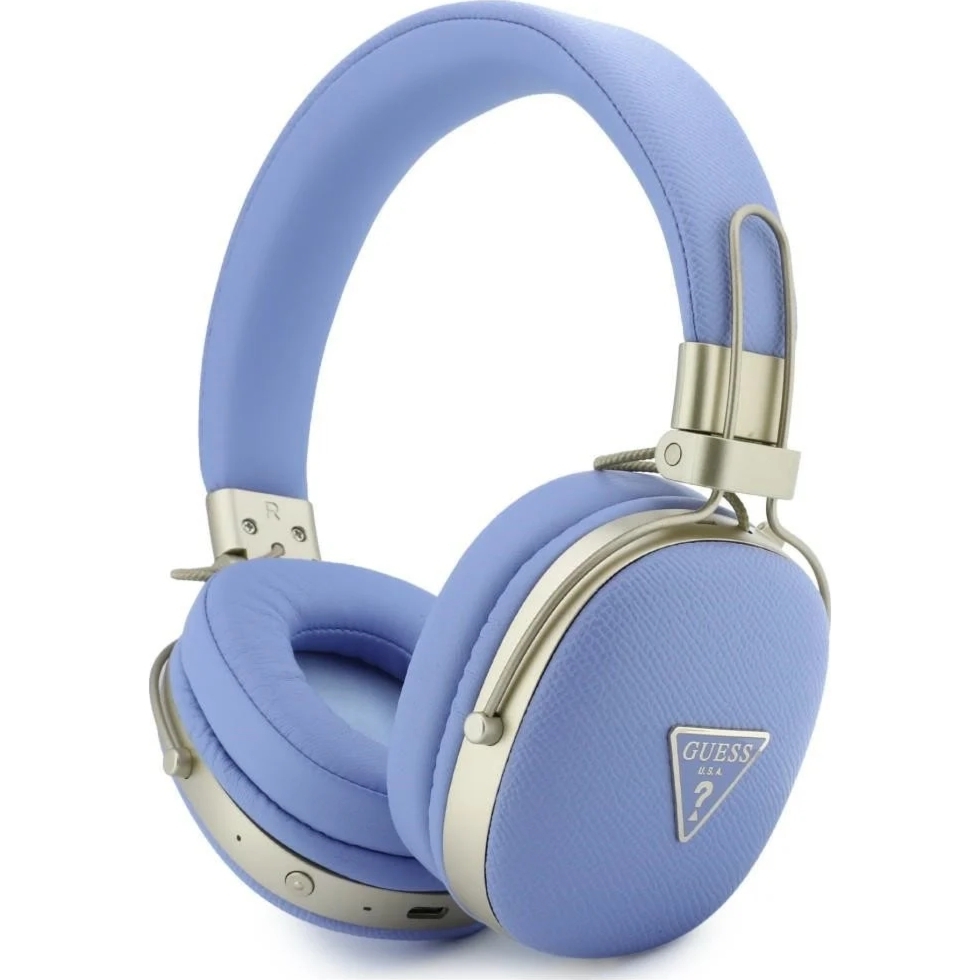 Bezprzewodowe słuchawki nauszne Guess BT Wireless Headphones ENC Grained PU & Triangle Gold Metal Logo Bluetooth 5.4, niebieskie