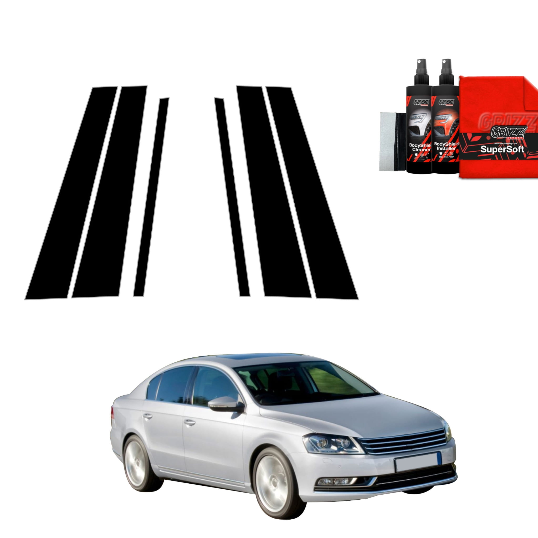 6w1 Czarna folia Grizz Protector na słupki do Volkswagen Passat B7 Sedan (2010-2014)