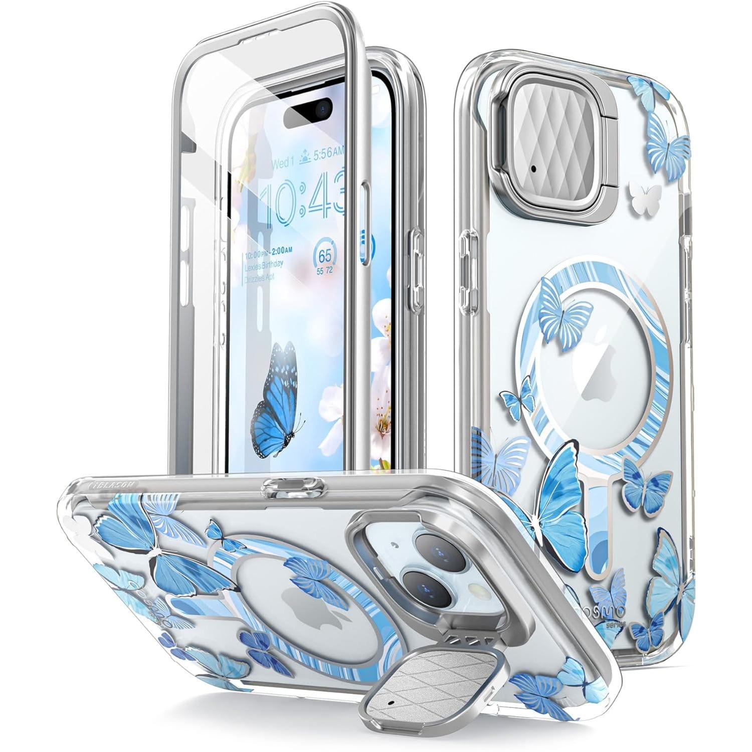 Etui pancerne Supcase i-Blason Cosmo Mag MagSafe SP Stand do iPhone 15, przezroczysto-niebieskie w motyle