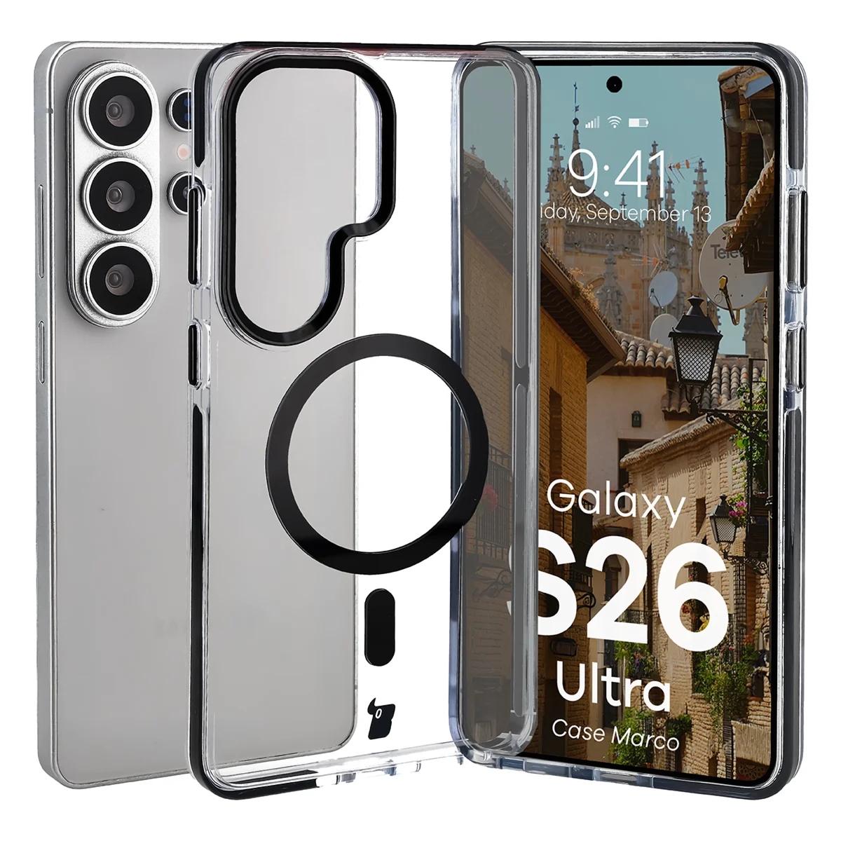 Etui z pierścieniem magnetycznym Bizon Case Marco do Galaxy S26 Ultra, przezroczyste z czarną ramką