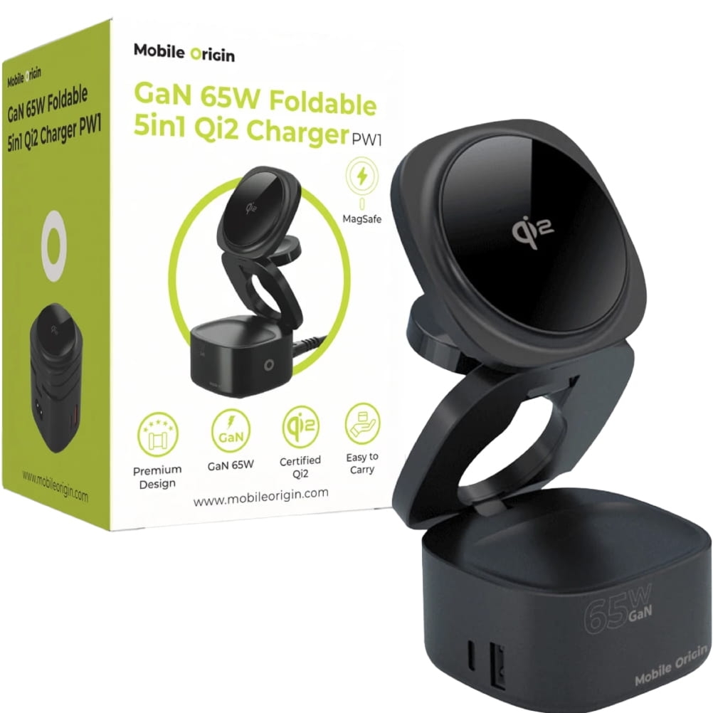 OUTLET: Składana ładowarka bezprzewodowa 5w1 Mobile Origin GaN Foldable PW1, USB-C PD 65W, USB-A QC, do MagSafe, czarne