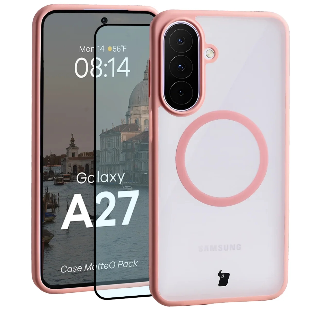 Etui z pierścieniem magnetycznym + szkło hartowane Bizon MatteO Pack do Galaxy A27 5G, przydymione-jasnoróżowe