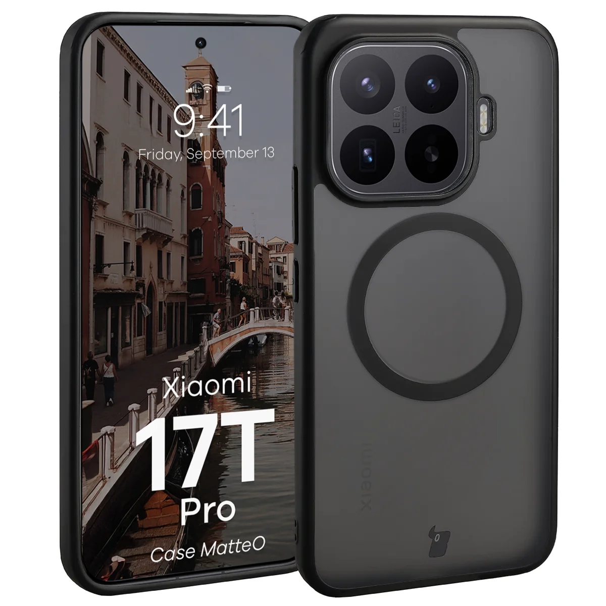 Etui z pierścieniem magnetycznym Bizon Case MatteO do Xiaomi 17T Pro, przydymione-czarne