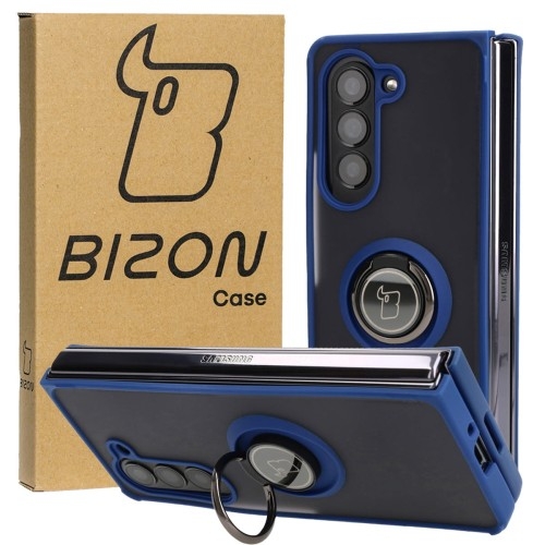 Image of Etui z uchwytem na palec Bizon Case Hybrid Ring do Galaxy Z Fold5, przydymione z granatową ramką