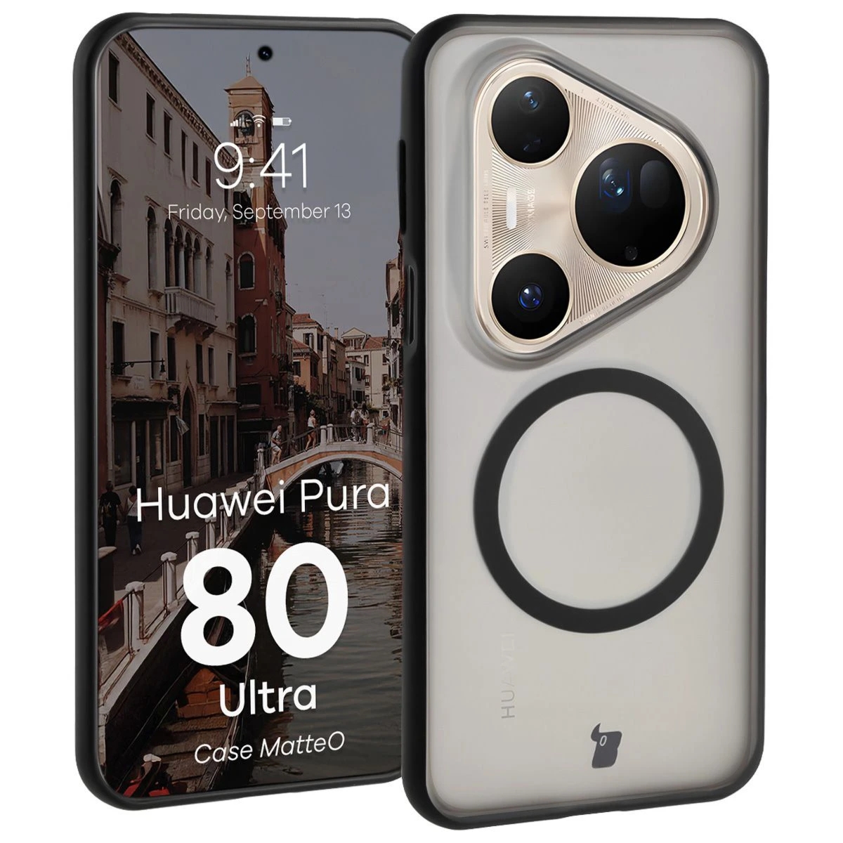 Etui z pierścieniem magnetycznym Bizon Case MatteO do Huawei Pura 80 Ultra, przydymione-czarne
