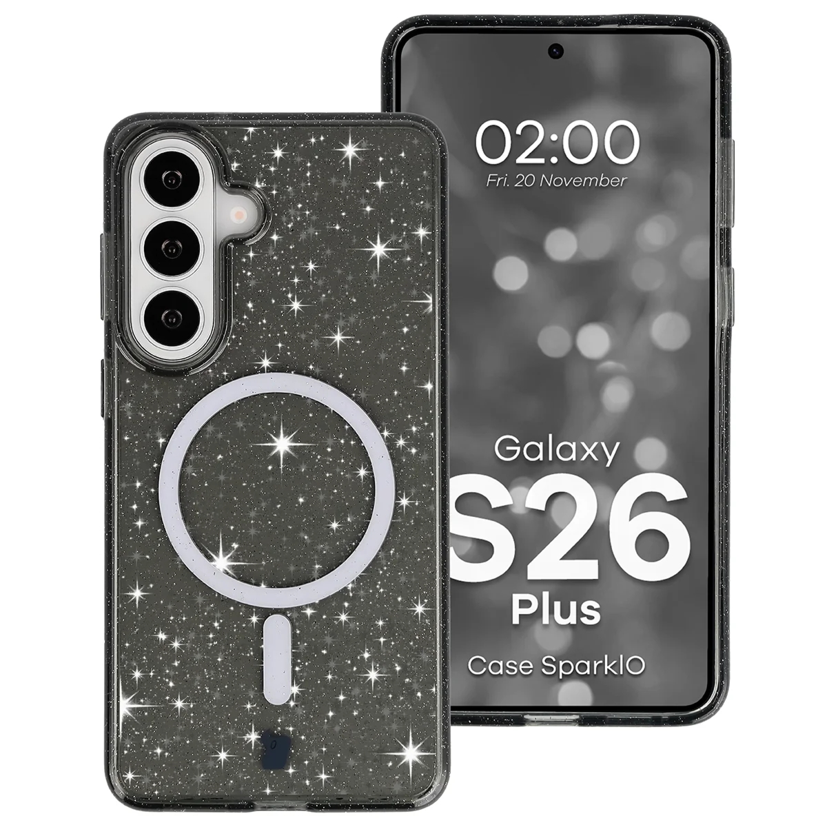 Etui brokatowe z pierścieniem magnetycznym Bizon Case SparklO do Galaxy S26 Plus, przezroczysto-czarne z brokatem
