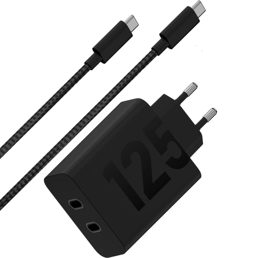 Ładowarka sieciowa GaN 2x USB-C 125W, Motorola TurboPower Duo, kabel USB-C, czarna