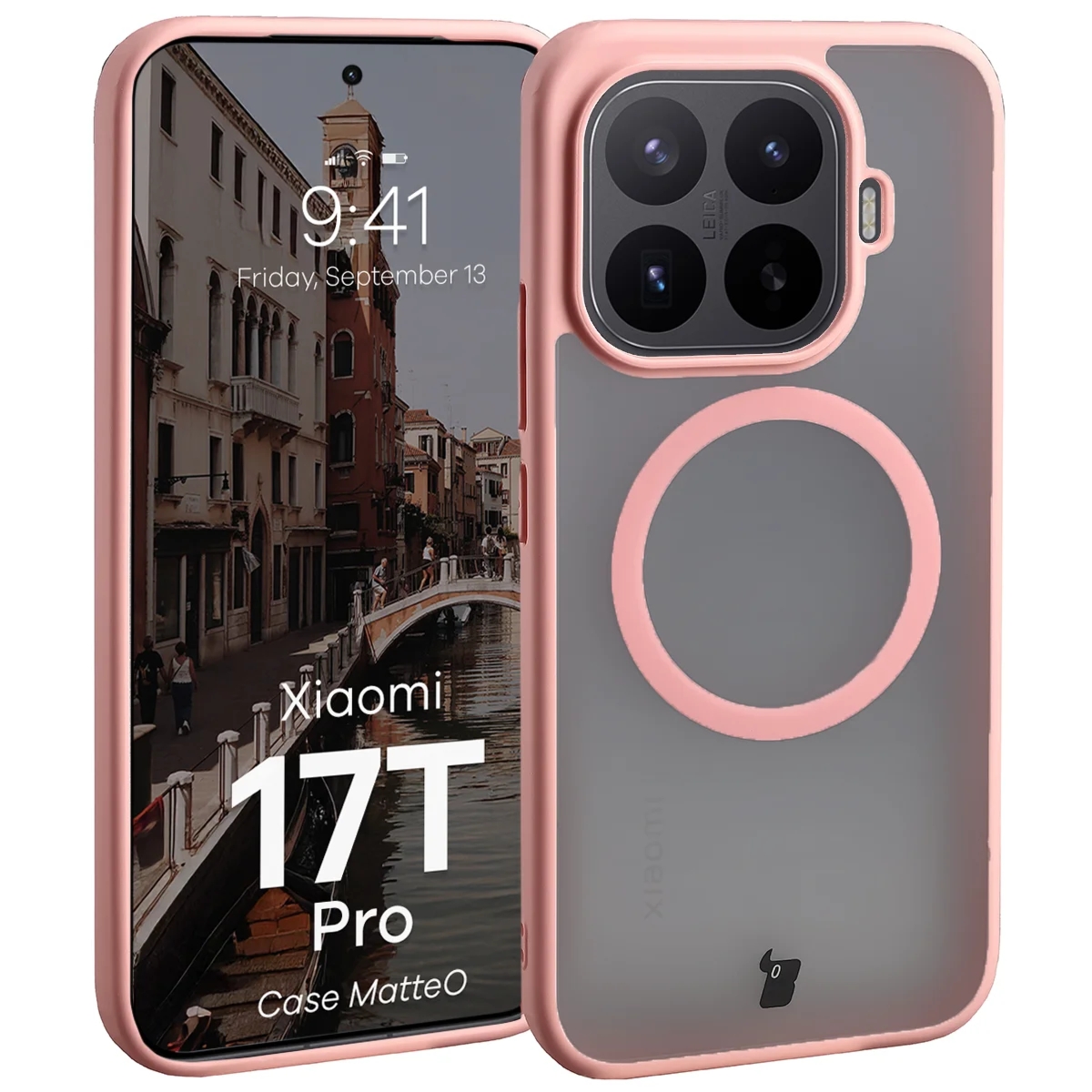 Etui z pierścieniem magnetycznym Bizon Case MatteO do Xiaomi 17T Pro, przydymione-jasnoróżowe