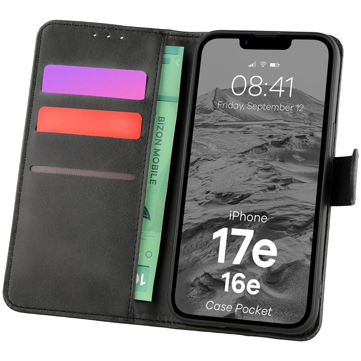 Etui z klapką Bizon Case Pocket do iPhone 17e / 16e, czarne