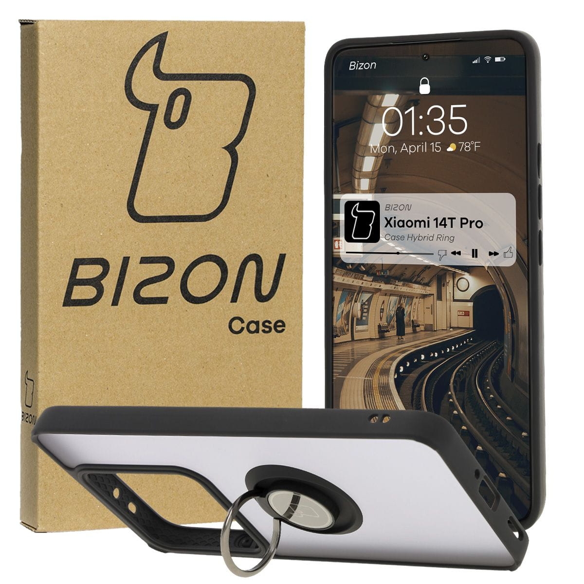Image of Etui z uchwytem na palec Bizon Case Hybrid Ring do Xiaomi 14T Pro, przydymione z czarną ramką