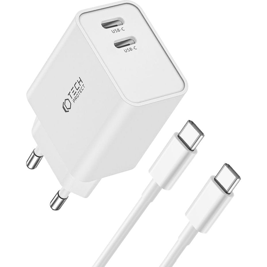 Image of Ładowarka sieciowa Tech-Protect C35W 2-PORT Network PD 35W USB-C + kabel USB-C, biała