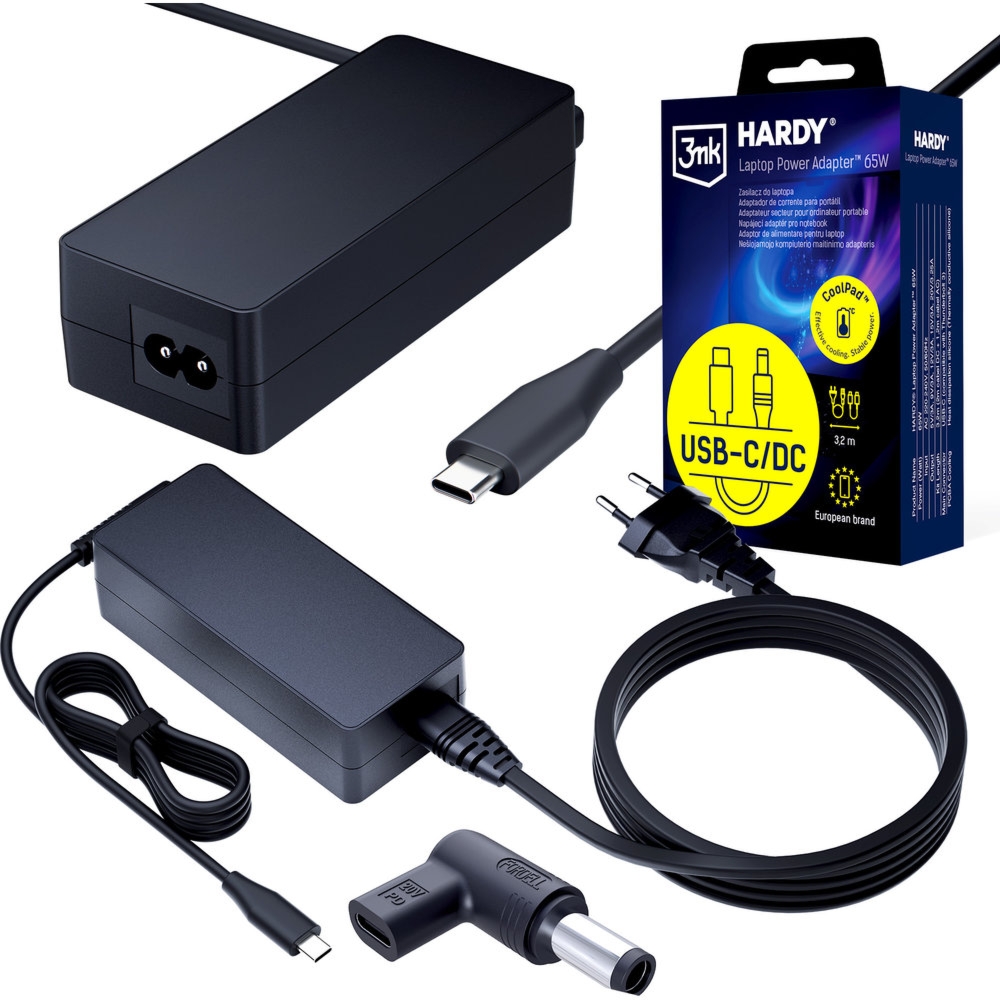 Zasilacz sieciowy 3mk do laptopa USB-C PD 65W, DC 7.4×5.0 mm (Dell Pin) do Dell, 3,2 m, czarny