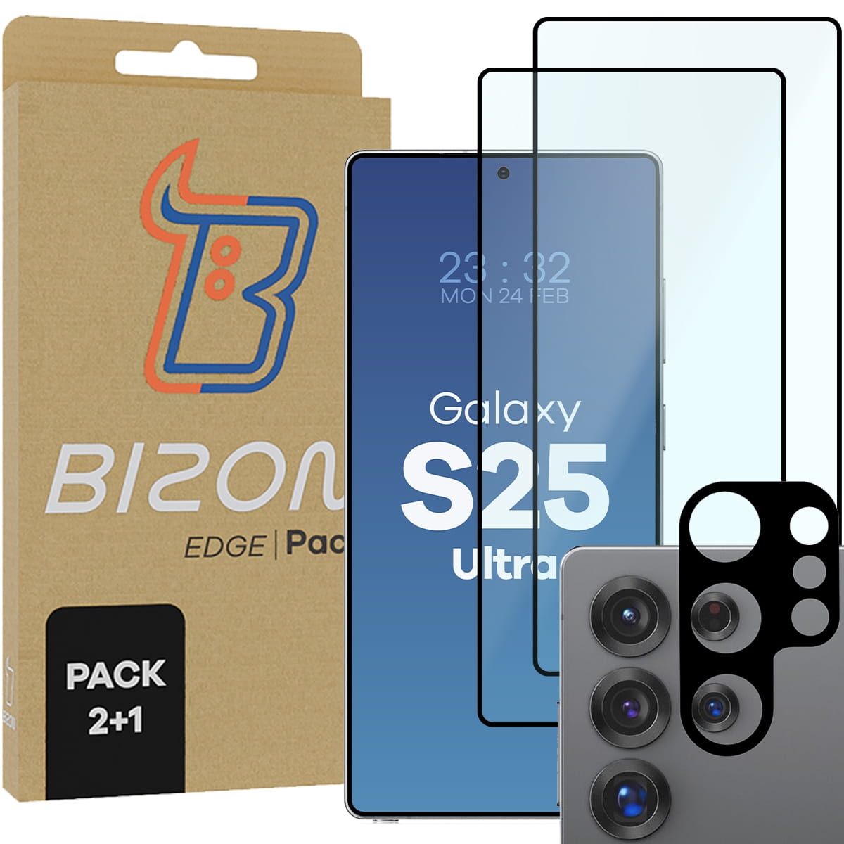 Image of 2x Szkło + szybka na aparat Bizon Edge 2 Pack do Galaxy S25 Ultra