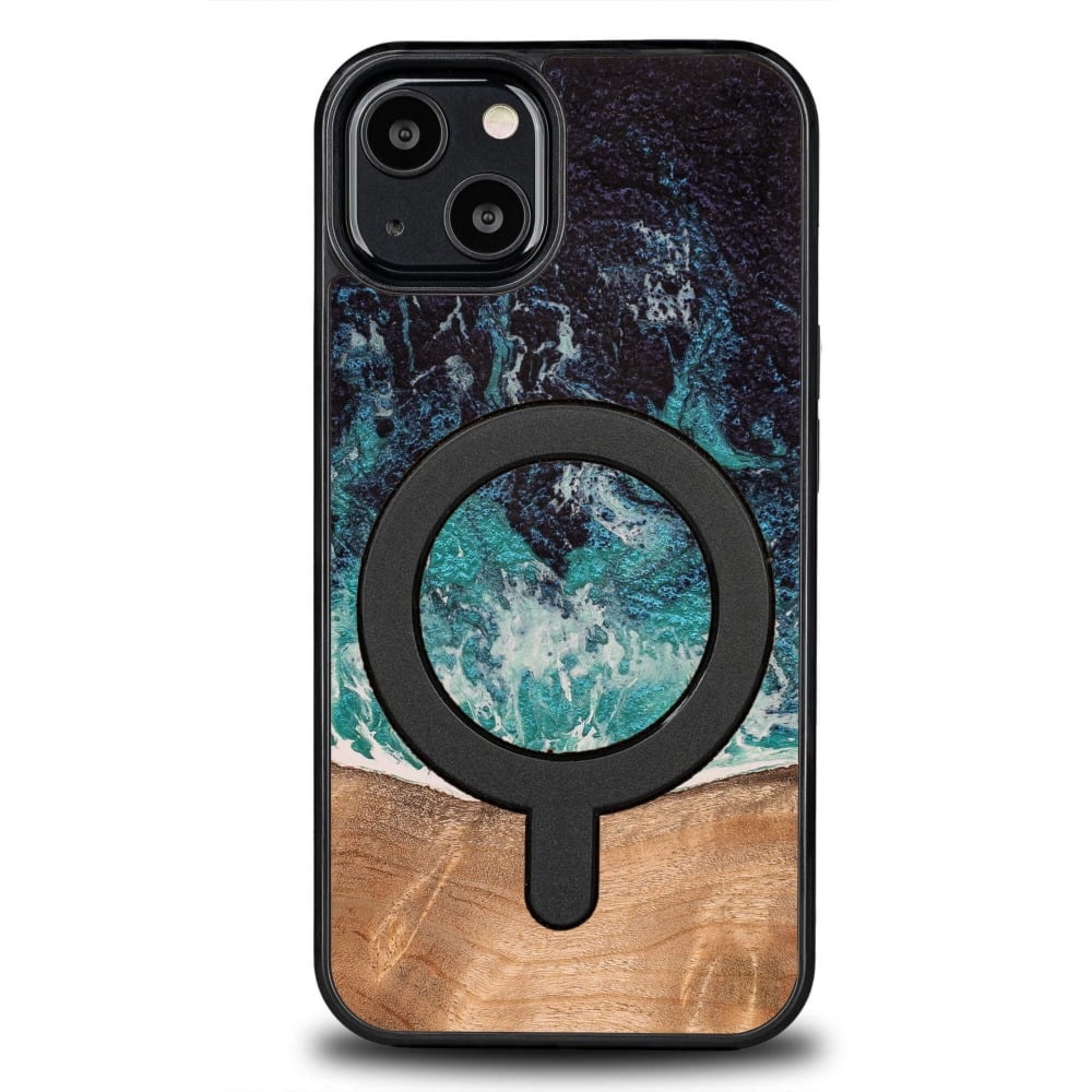 Drewniane etui do iPhone 13, Bewood Unique Dream Island do MagSafe, niebiesko-brązowe