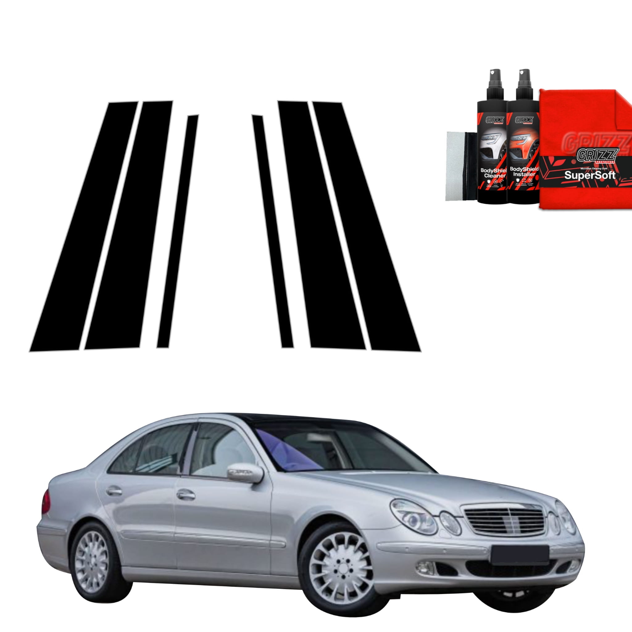 6w1 Czarna folia Grizz Protector na słupki do Mercedes Benz E Klasa W211 Sedan (2002-2009)