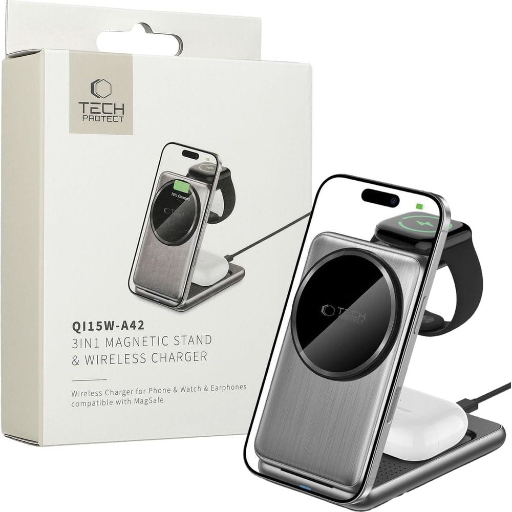 Image of Ładowarka indukcyjna Tech-Protect Qi15W A42 3w1 Magnetic Stand and Wireless Charger do MagSafe, Qi, szara