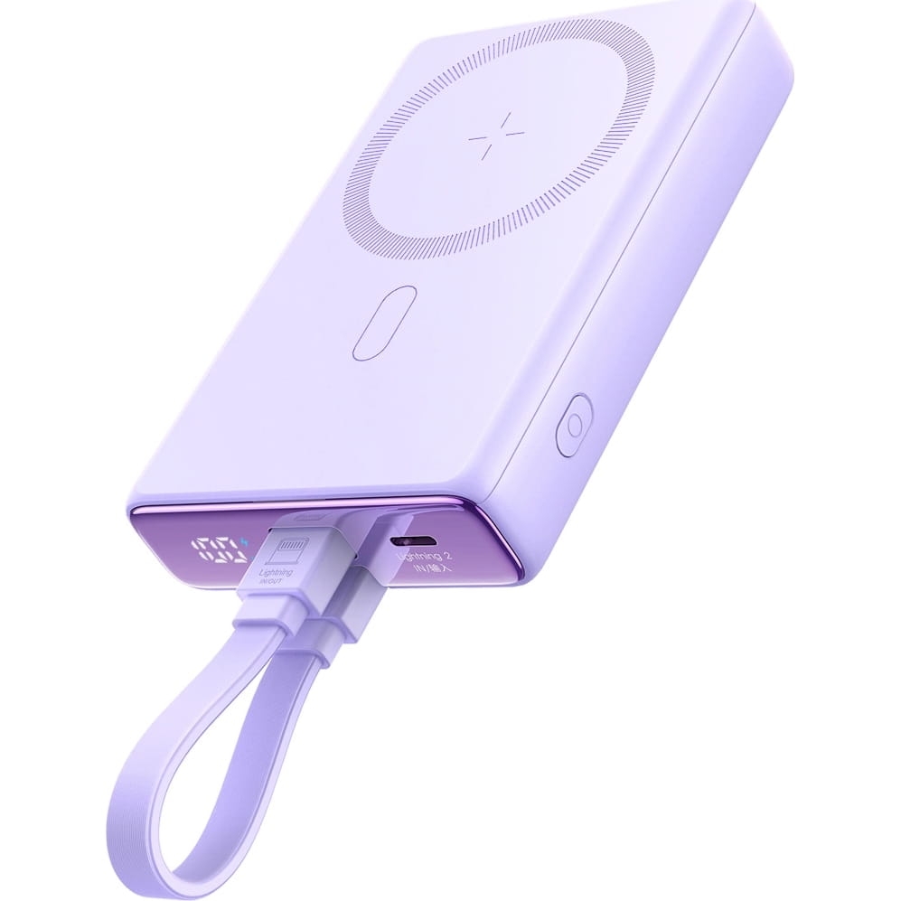 Image of Powerbank indukcyjny z podstawką Joyroom JR-PBM01 10000mAh do MagSafe, 20W + kabel USB-C - Lightning, fioletowy