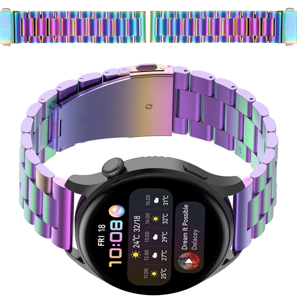 Pasek ze stali nierdzewnej do smartwatcha, Bizon Strap Watch Aura, QuickRelease 20 mm, tęczowy