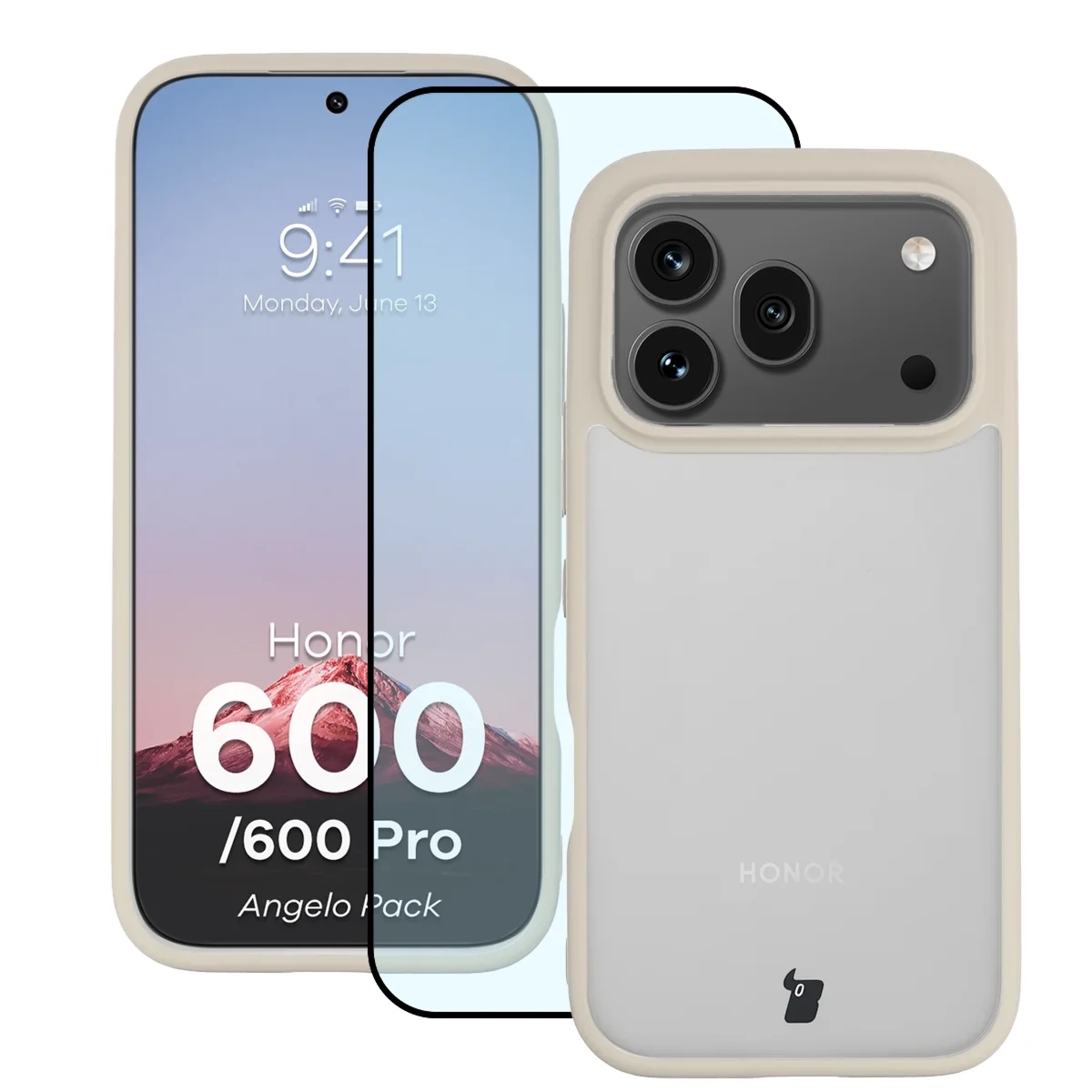 Etui + szkło hartowane Bizon Angelo Pack do Honor 600 5G / 600 Pro 5G, półprzezroczyste z beżową ramką