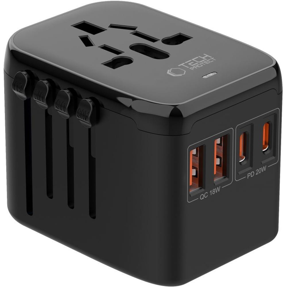 Image of Adapter / przejściówka Tech-Protect TA200 EU / UK / US / AU, 2x USB-A QC 3.0 18W, 2x USB-C PD 20W, czarna