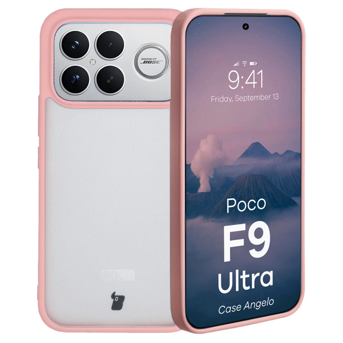 Etui Bizon Case Angelo do Xiaomi POCO F9 Ultra, półprzezroczyste z jasnoróżową ramką