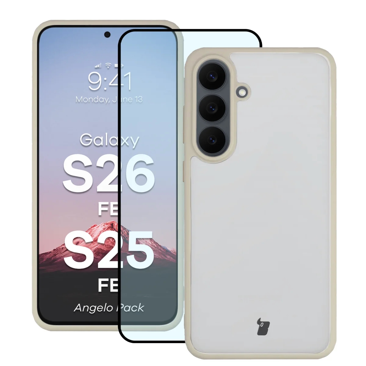 Etui + szkło hartowane Bizon Angelo Pack do Galaxy S26 FE / S25 FE, półprzezroczyste z beżową ramką