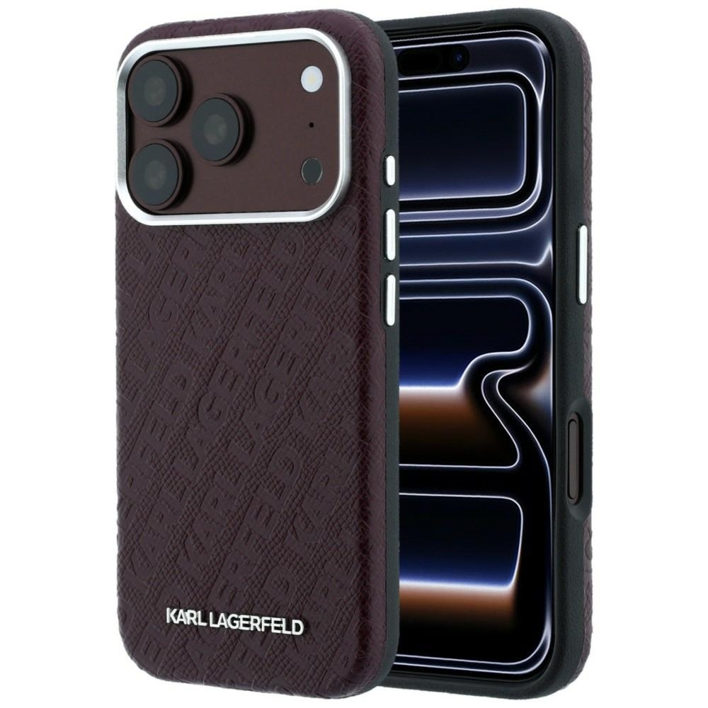 OUTLET: Etui Karl Lagerfeld Grained Allover Logo Metal Elongated do iPhone 18 Pro Max / 17 Pro Max do MagSafe, burgundowe