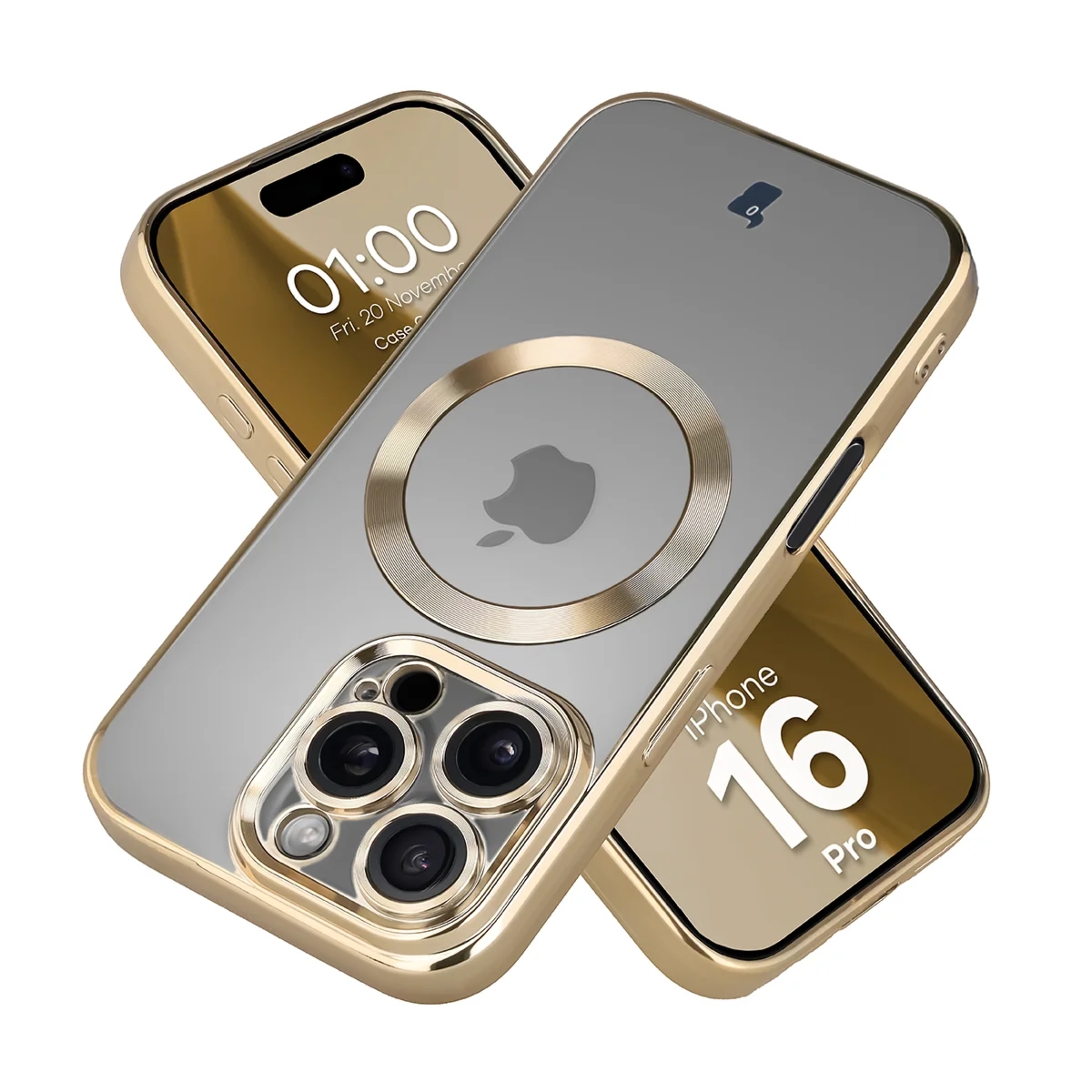 Etui z ochroną aparatu i pierścieniem magnetycznym Bizon Case GuardO do iPhone 16 Pro, przezroczysto-złote