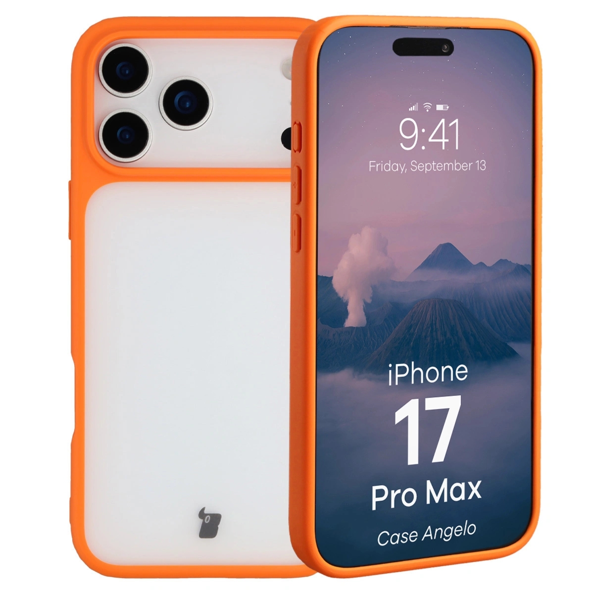 Etui Bizon Case Angelo do iPhone 17 Pro Max, półprzezroczyste z pomarańczową ramką