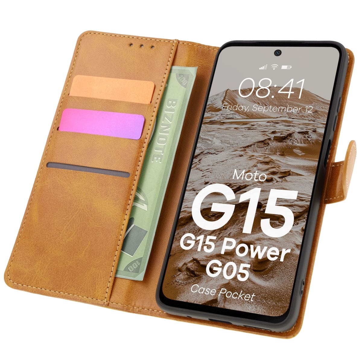 Image of Etui z klapką Bizon Case Pocket do Motorola Moto G15 / G15 Power / G05, brązowe