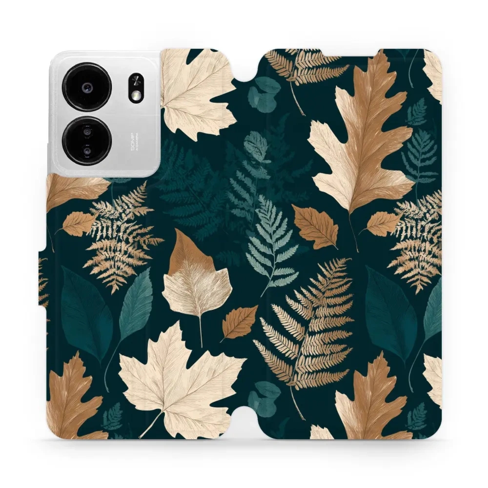 Etui z klapką do Xiaomi POCO C65, Mobiwear Book, zielnik z liści i paproci