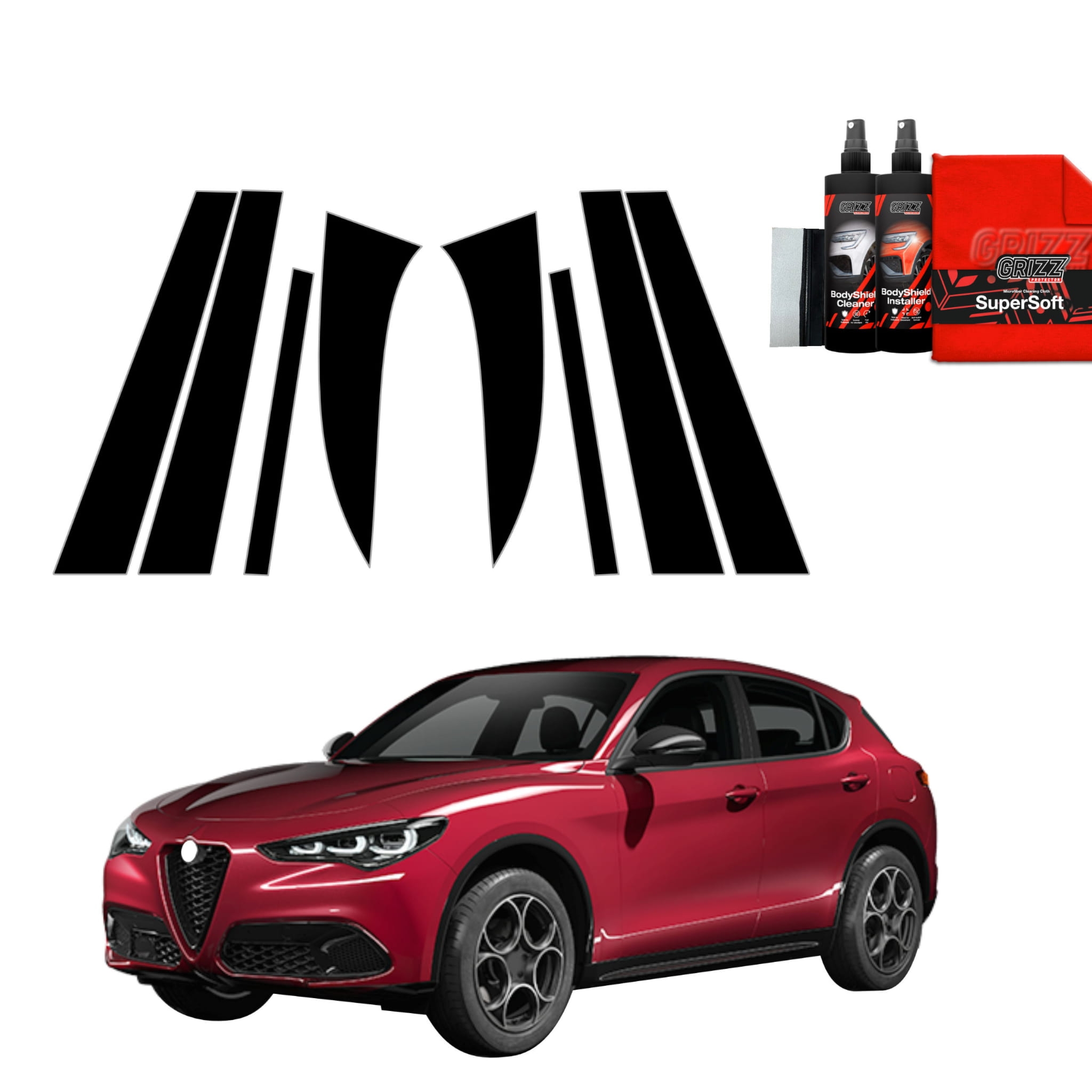 8w1 Czarna folia Grizz Protector na słupki do Alfa Romeo Stelvio (2023-2026)