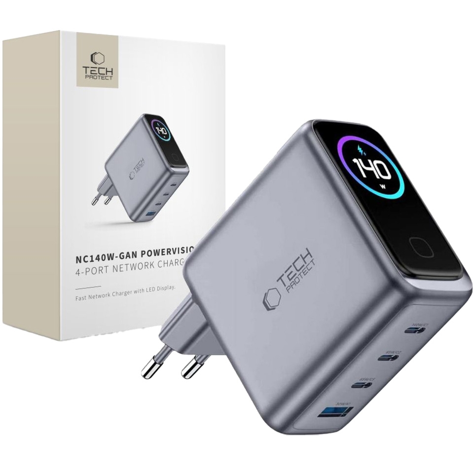 Ładowarka sieciowa 4-portowa GaN 140W Tech-Protect PowerVision NC140W-GaN, USB-C / USB-A, ciemnoszara