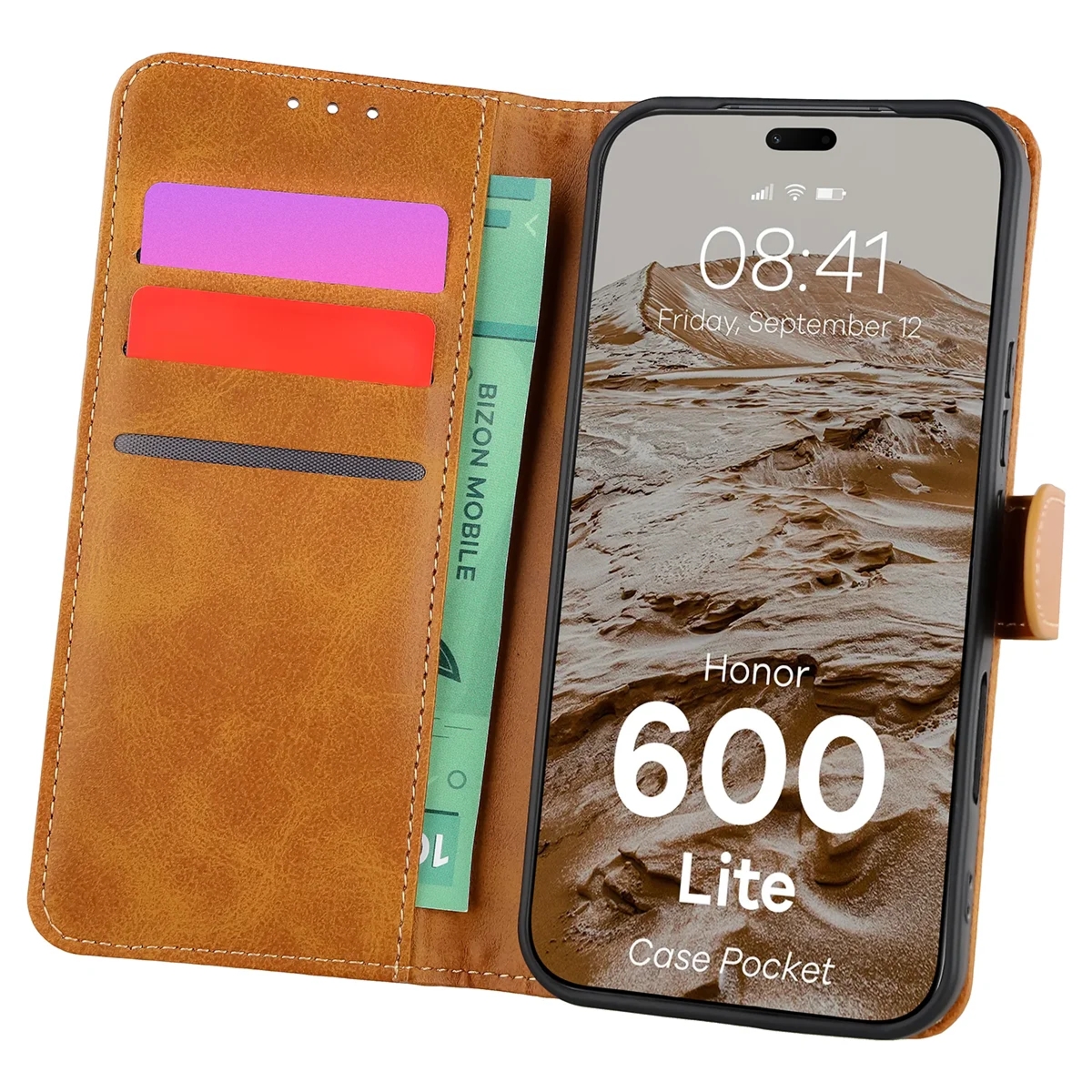 Etui z klapką Bizon Case Pocket do Honor 600 Lite 5G, brązowe